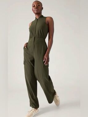 ATHLETA Brooklyn Utility Jumpsuit 2 19” P2P Aspen Olive $139 Retail NWOT